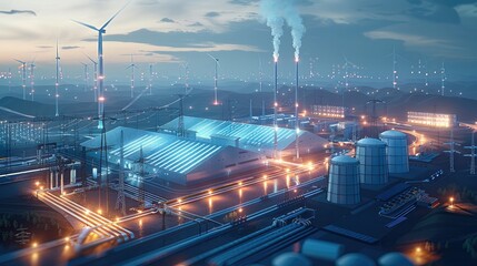 Aufkleber - An energy lighting design with photovoltaic panel, wind turbine and storage silos in the background showing power grid network connecting multiple green sources like solar field. Generative AI.