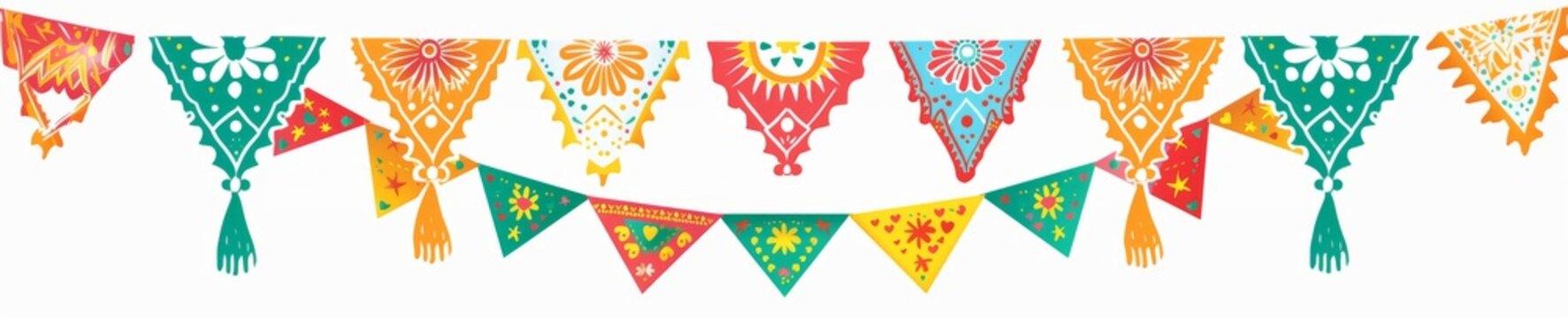 String of handmade cut paper flags on white background. Mexican party decoration. Dia de los Muertos, Halloween, Cinco de Mayo