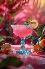 A refreshing cocktail in a blue glass, garnished with a lemon slice and mint, surrounded by tropical foliage and citrus fruits.