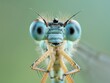 Detailed macro shot of a damselfly showcasing expressive eyes and delicate features against a soft green background.