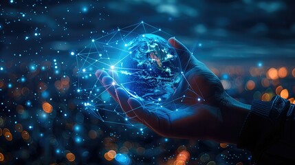 Leinwandbilder - Hand index finger touching globe over city background In the form of a technological miracle Dark blue and dark gray. Generative AI.