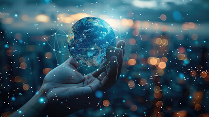 Leinwandbilder - Hand index finger touching globe over city background In the form of a technological miracle Dark blue and dark gray. Generative AI.