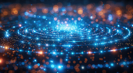 Leinwandbilder - Blue background with digital technology and glowing light circles on the floor, creating an abstract futuristic concept of data transfer in cyberspace. a sense of advanced tech. Generative AI.