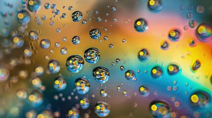 Wall Mural - A detailed image of water droplets, each a tiny lens capturing and distorting the radiant burst of radial rainbow colors in the background.