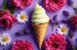 A delectable ice cream cone adorned with pink and purple flowers on a vibrant purple background, perfect for cake decorating or a dessert recipe