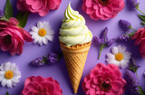 Fototapeta Big Ben - A delectable ice cream cone adorned with pink and purple flowers on a vibrant purple background, perfect for cake decorating or a dessert recipe