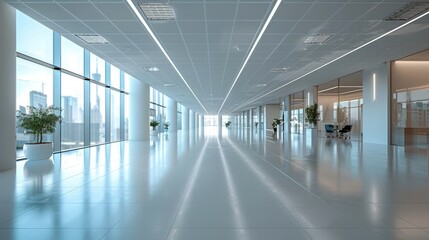 A white drop ceiling in a large open plan office. Generative AI.
