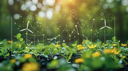 Aufkleber - A visually compelling graph and analysis image for an ECO business, highlighting sustainability and incorporate key data points, and include symbols representing renewable energy. Generative AI.
