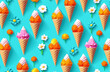 A seamless pattern of ice cream cones and flowers on a blue background, perfect for cake decorating supplies, party supplies, events, or any confectionerythemed occasion