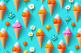 Fototapeta Big Ben - A seamless pattern of ice cream cones and flowers on a blue background, perfect for cake decorating supplies, party supplies, events, or any confectionerythemed occasion