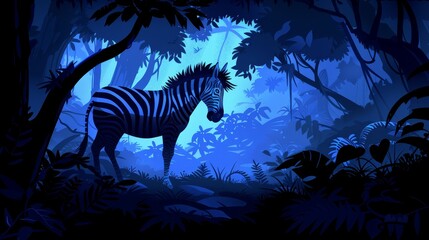 Canvas Print -   A zebra stands amidst a jungle, trees and plants flanking its faces on either side