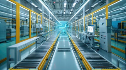 Fototapete - High-tech manufacturing line enhanced with digital twin solutions. Generative AI.