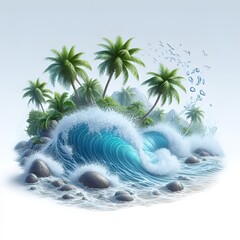 Poster -  Scenic tropical island with palm trees and waves crashing on the shore.