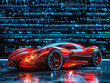 Futuristic red electric car with dynamic lighting and sleek design against high-tech background
