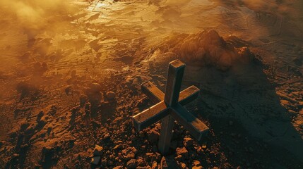 Show the cross bathed in the golden light of the setting sun, casting long shadows on the ground below.