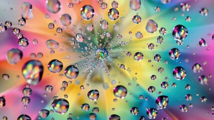  Capturing a radial explosion of rainbow hues, artfully blurred behind a meticulously arranged pattern of crystal-clear water droplets on a glass pane. 