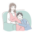 Illustration of a husband and wife smiling as they touch the belly of a woman in the last month of pregnancy.