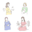 Illustration set of pregnant woman touching her belly happily.
