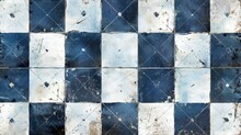 Old Blue White Retro Vintage Worn Shabby Patchwork Checkered Chess Chessboard Lozenge Diamond Rue Motif Tiles Stone Concrete Cement Wall Wallpaper Texture Background, seamless Pattern