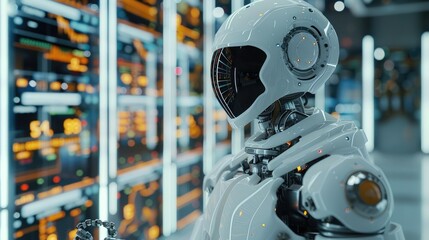 Fototapete - Trading robot standing and analyzing a crypto trading chart, symbolizing the integration and use of artificial intelligence for stock market analysis. Generative AI.
