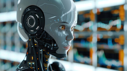 Poster - Trading robot standing and analyzing a crypto trading chart, symbolizing the integration and use of artificial intelligence for stock market analysis. Generative AI.