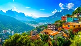 Fototapeta  - Colorful hillside favela overlooking a vibrant cityscape under blue skies. Scenic urban panorama. Idyllic travel destination. Vivid landscape photography. AI