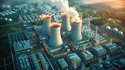 Wall Mural - Aerial view of nuclear generators connected to a clean energy power grid where each energy source is a different color, 3d rendered isometric. Generative AI.