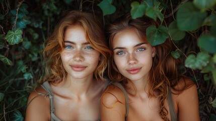 Wall Mural - Serene Freckled Sisters Embracing in Nature