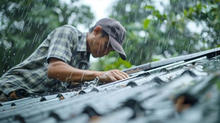 Man checking a leaking roof during a heavy rainstorm concept of home maintenance issues 