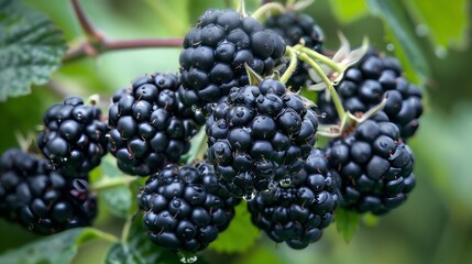 Wall Mural - A cluster of ripe blackberries on the vine, with glossy black skin and a hint of dew, against a backdrop of green leaves 