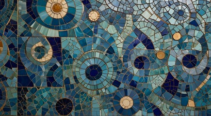  mosaic tile wall with blue circles, artwork roman mosaic