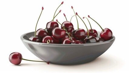 Wall Mural - A cluster of ripe cherries with stems attached, arranged in a ceramic bowl isolated on white background 