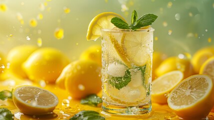 Poster - A refreshing glass of homemade lemonade garnished with mint leaves and slices of lemon, condensation dripping down the sides 