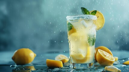 Canvas Print - A refreshing glass of homemade lemonade garnished with mint leaves and slices of lemon, condensation dripping down the sides 