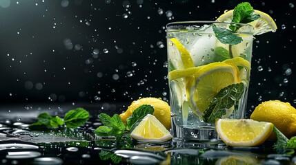 Sticker - A refreshing glass of homemade lemonade garnished with mint leaves and slices of lemon, condensation dripping down the sides 