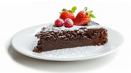 Poster - A slice of decadent chocolate cake topped with fresh strawberries and a dusting of powdered sugar, on a white plate isolated on whie background 