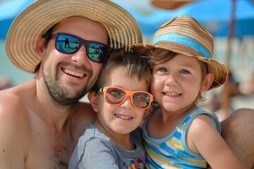 Wall Mural - Young Caucasian family on vacation at the beach