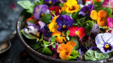 Poster - Edible flowers salad in a rustic bowl. Close-up view of vibrant organic ingredients.