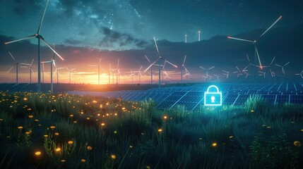 Aufkleber - An empty grass field at night with solar panels and wind turbines with a blue 3d lock floating in the front center, unreal engine. Generative AI.