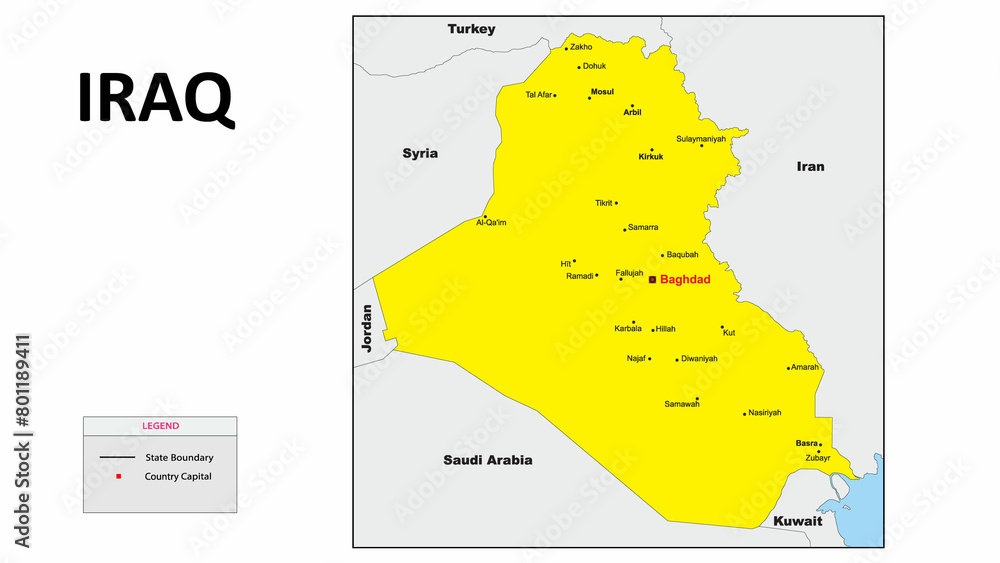 Iraq Map. Major city map of Iraq. Political map of Iraq with country capital.