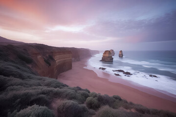 Wall Mural - a tranquil beach at sunset, with cliffs, sea rock formations, and a vibrant, colorful sky