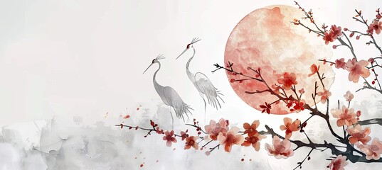 Landscape with gold silhouette crane birds. Chinese 