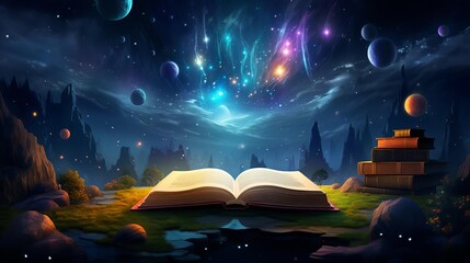 Wall Mural - The open book of spells lies on the altar, its pages glowing with arcane light