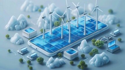 Aufkleber - A smartphone with wind turbines, solar panels, and batteries, in the style of graphic design-inspired illustrations, isometric, light gray and blue. Generative AI.