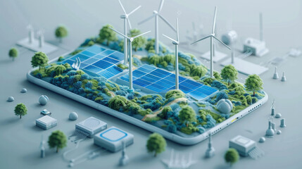 Aufkleber - A smartphone with wind turbines, solar panels, and batteries, in the style of graphic design-inspired illustrations, isometric, light gray and blue. Generative AI.