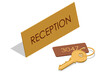 © Golden Sikorka - Isometric Hotel reception interior. Reception desk. Keys with keychain, Room key at hotel