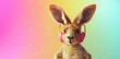 © Siasart Studio - Fluffy kangaroo wearing miniature headphones in 3D illustration. Surprised expression with wide eyes.