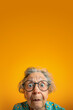 Funny looking senior woman, with surprised expression. Studio photo banner copy space above. Generative AI
