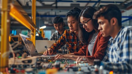 a professional diverse group of engineers is working, discussing production, using a laptop computer