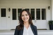 © PNG&Background Image - Happy female real estate agent successfully smiling against outside house background with copy space.